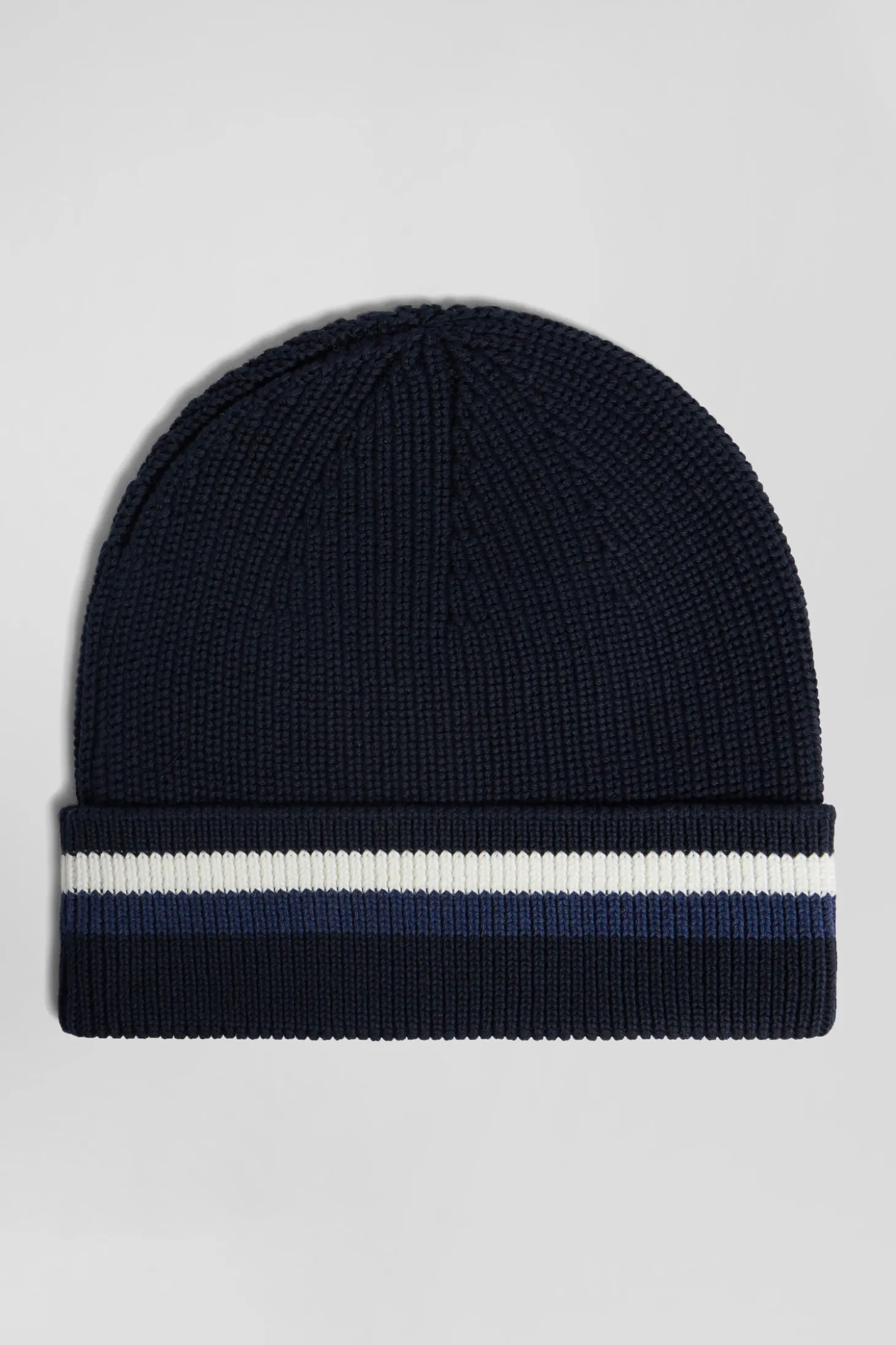 Navy blue cotton beanie with striped turn-up