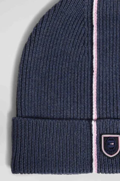 Navy blue cotton beanie with pink and white stripes
