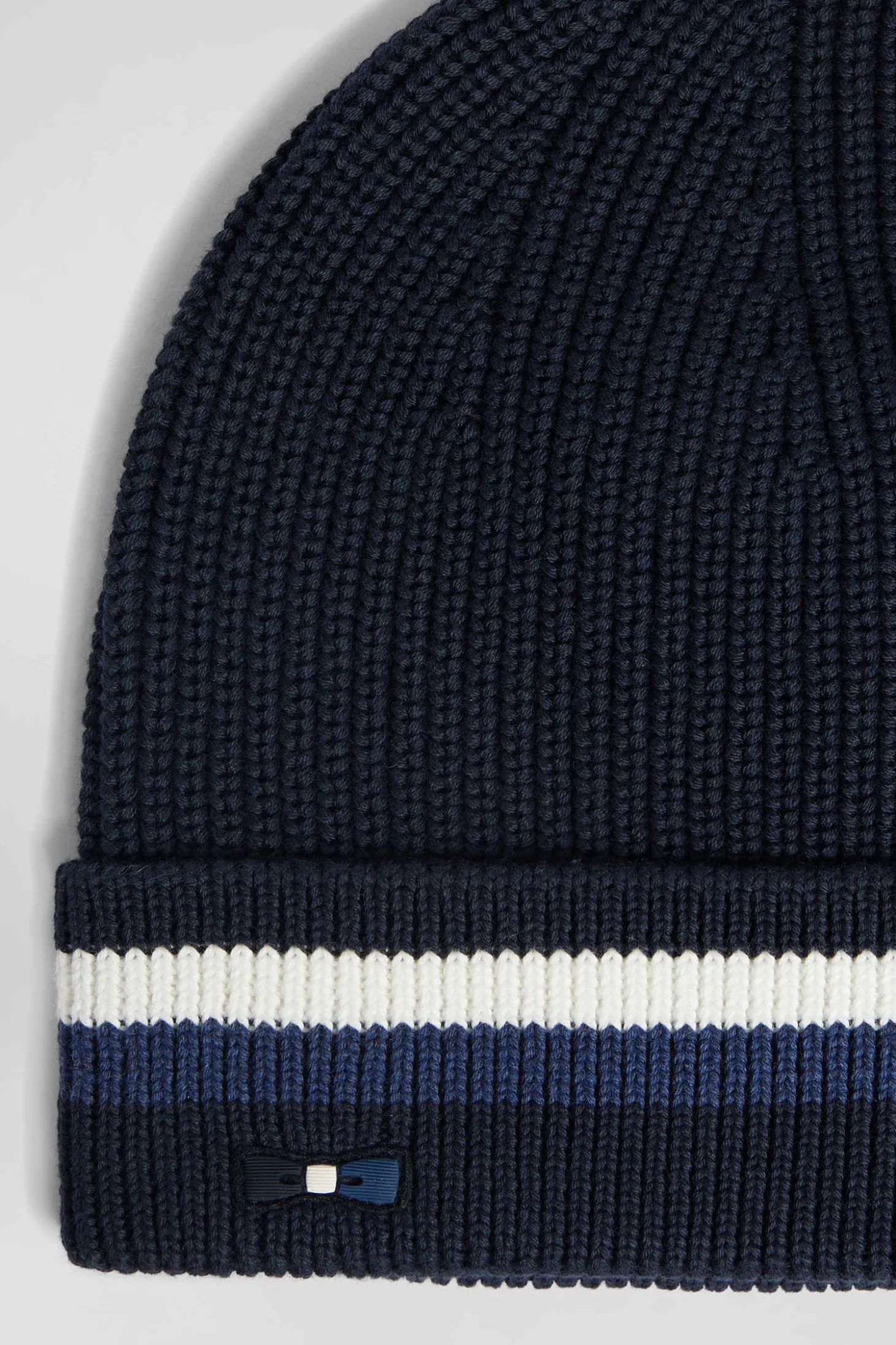 Navy blue cotton beanie with striped turn-up