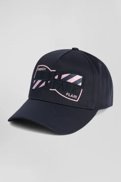 Navy blue cotton cap with bow tie embroidery and tie fabric patchwork
