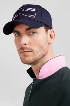 Navy blue cotton cap with bow tie embroidery and tie fabric patchwork
