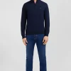Navy blue cotton jersey jumper with trucker neck