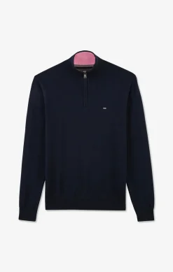 Navy blue cotton jersey jumper with trucker neck