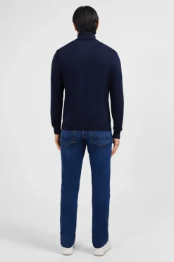 Navy blue cotton jersey jumper with trucker neck