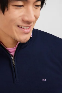 Navy blue cotton jersey jumper with trucker neck
