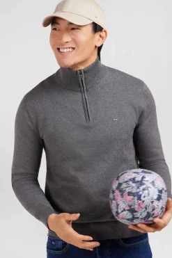 Navy blue cotton jersey jumper with trucker neck