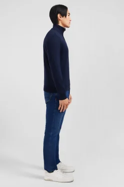 Navy blue cotton jersey jumper with trucker neck