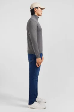 Navy blue cotton jersey jumper with trucker neck