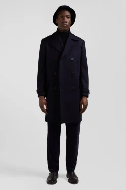 Navy blue double-breasted wool blend coat