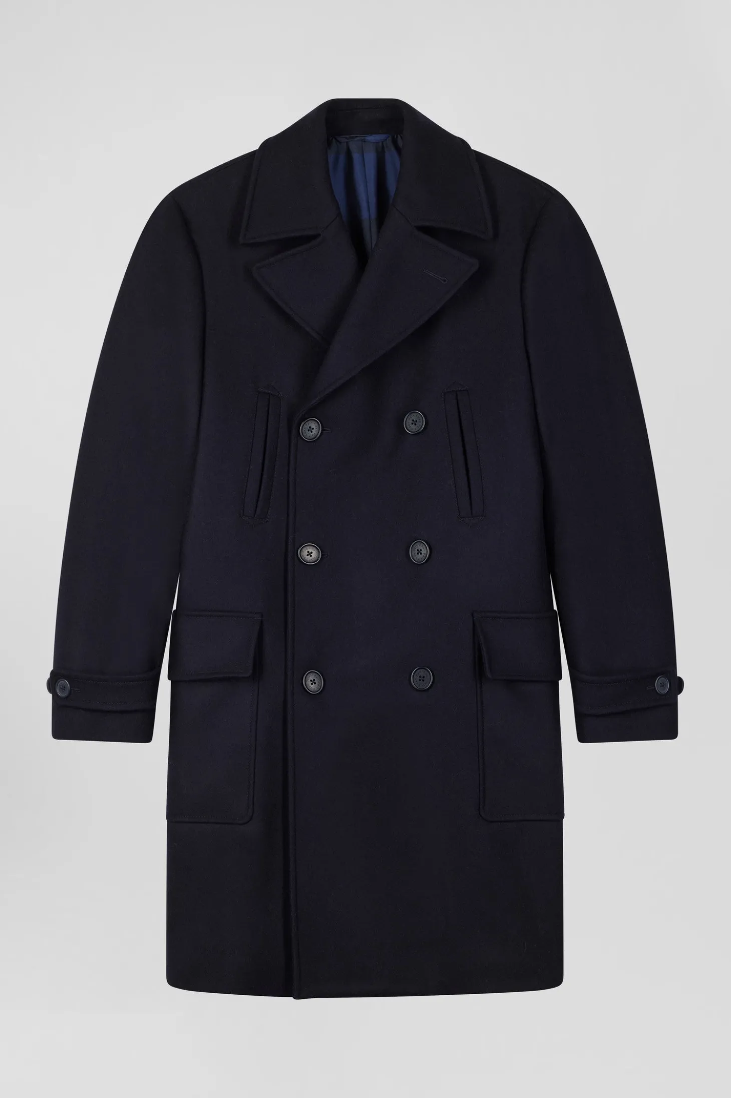 Navy blue double-breasted wool blend coat
