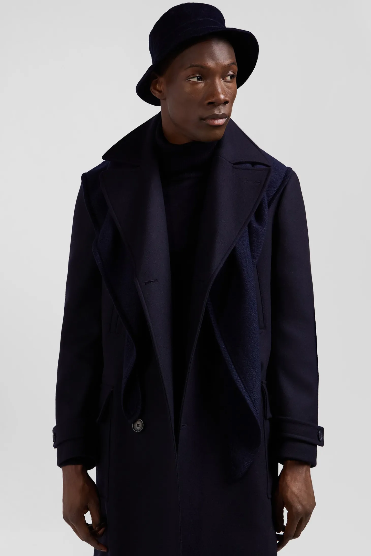 Navy blue double-breasted wool blend coat