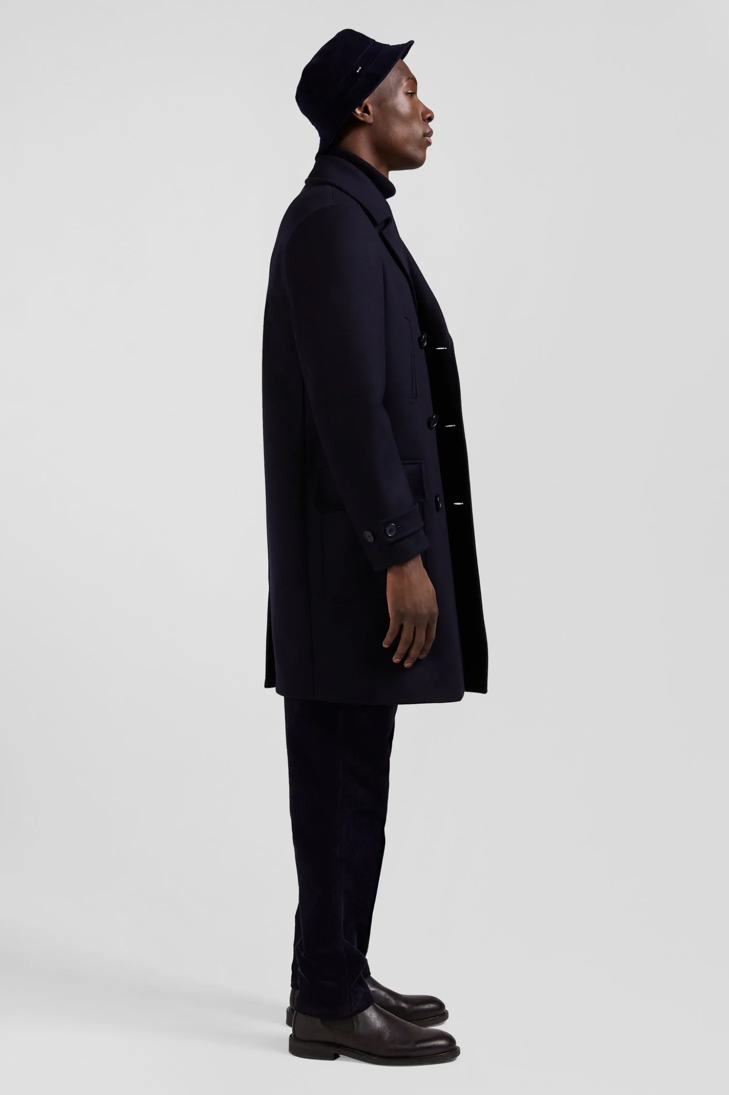 Navy blue double-breasted wool blend coat