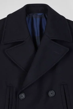 Navy blue double-breasted wool blend coat