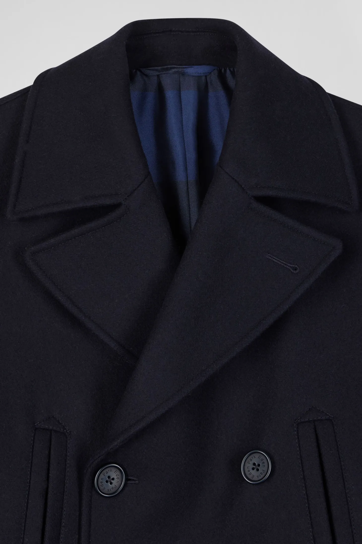Navy blue double-breasted wool blend coat