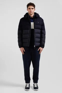 Navy blue flannel and nylon down jacket