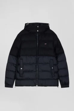 Navy blue flannel and nylon down jacket