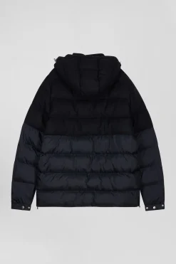 Navy blue flannel and nylon down jacket