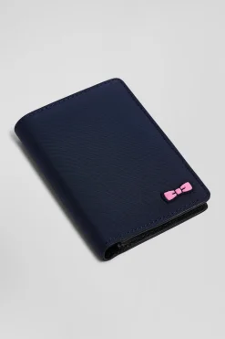 Navy blue French-style wallet with pink ribbon