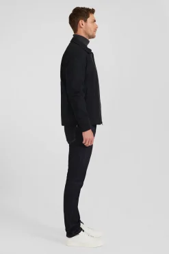 Navy blue gabardine cotton zip-up jacket with shirt collar