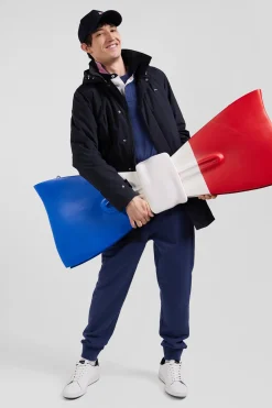 Navy blue hooded nylon raincoat