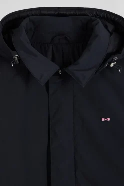 Navy blue hooded nylon raincoat