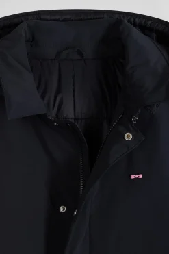 Navy blue hooded nylon raincoat