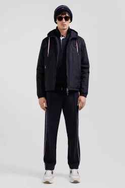 Navy blue hooded windbreaker jacket