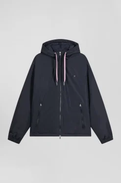 Navy blue hooded windbreaker jacket