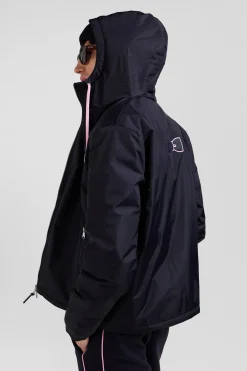 Navy blue hooded windbreaker jacket