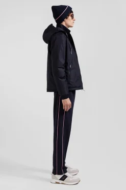 Navy blue hooded windbreaker jacket