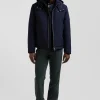 Navy blue hooded zip-up jacket