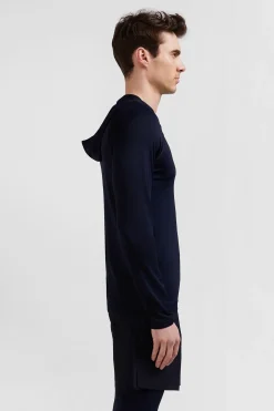 Navy blue hoodie with striped sleeves