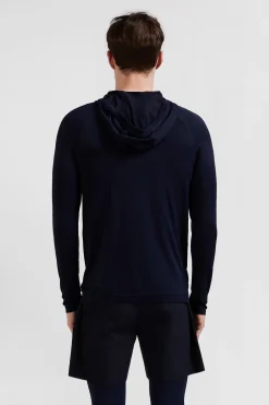 Navy blue hoodie with striped sleeves