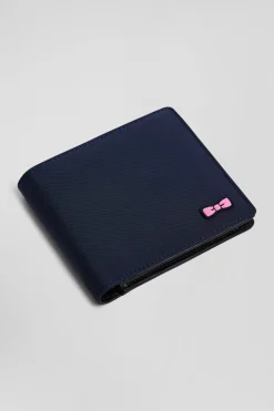 Navy blue Italian-style wallet with pink ribbon