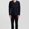 Navy blue long cotton pajamas with white piping