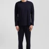Navy blue long cotton pajamas with micro pattern trousers