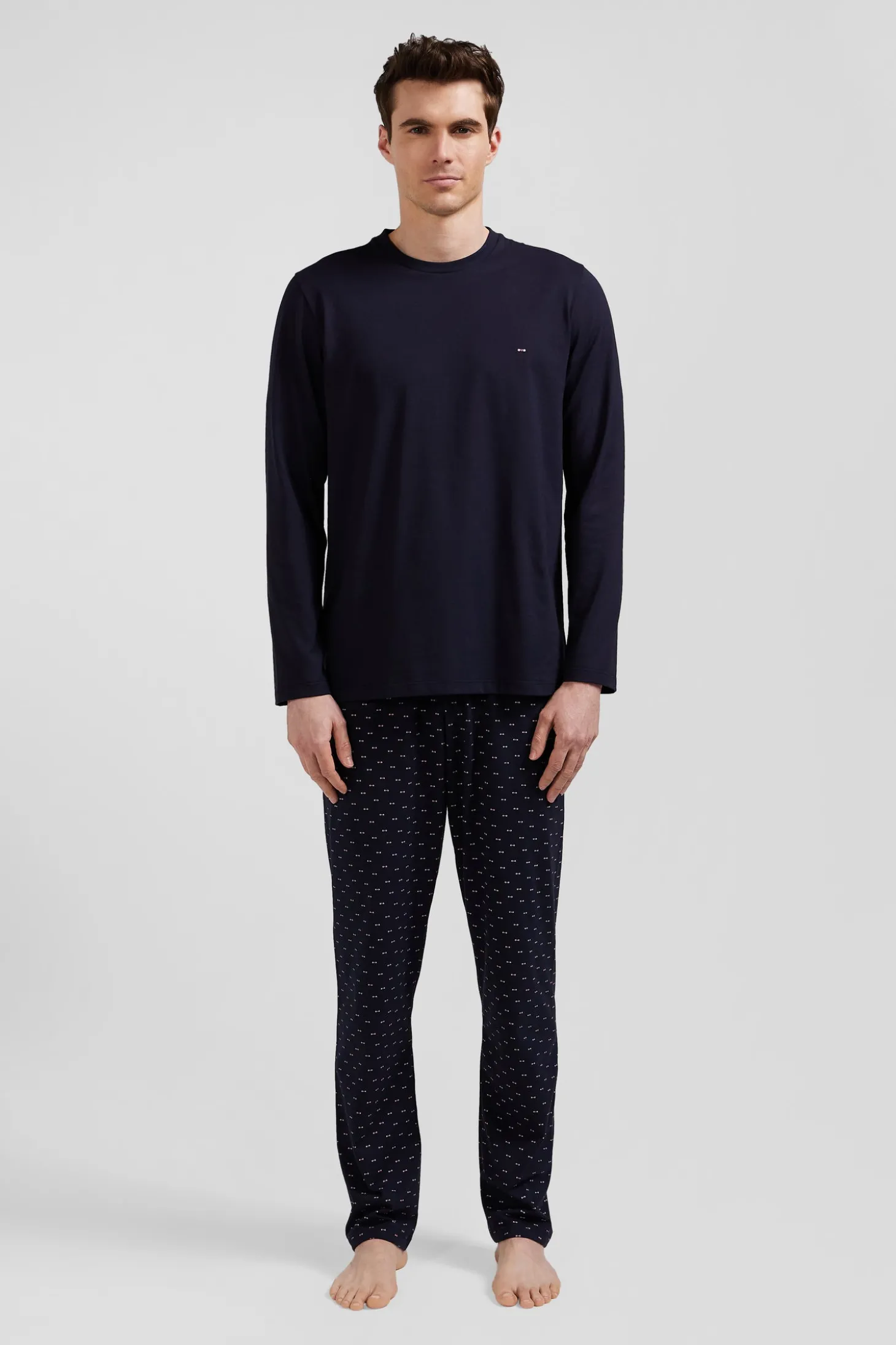 Navy blue long cotton pajamas with micro pattern trousers