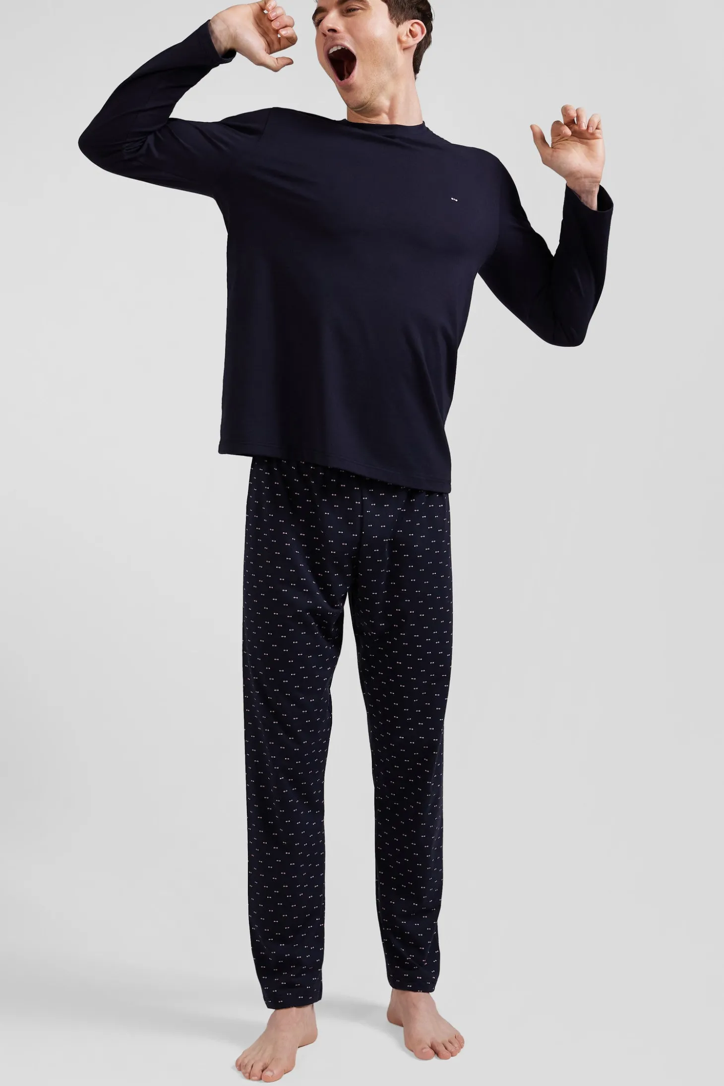 Navy blue long cotton pajamas with micro pattern trousers