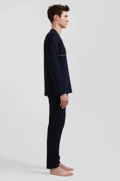 Navy blue long cotton pajamas with white piping
