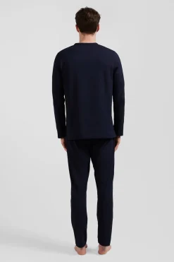 Navy blue long cotton pajamas with white piping