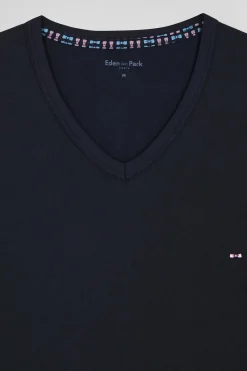 Navy blue long cotton pajamas with check trousers