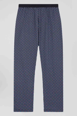 Navy blue long cotton pajamas with check trousers