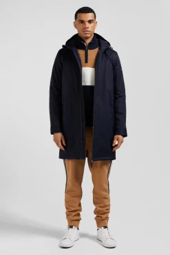 Navy blue long hooded nylon parka
