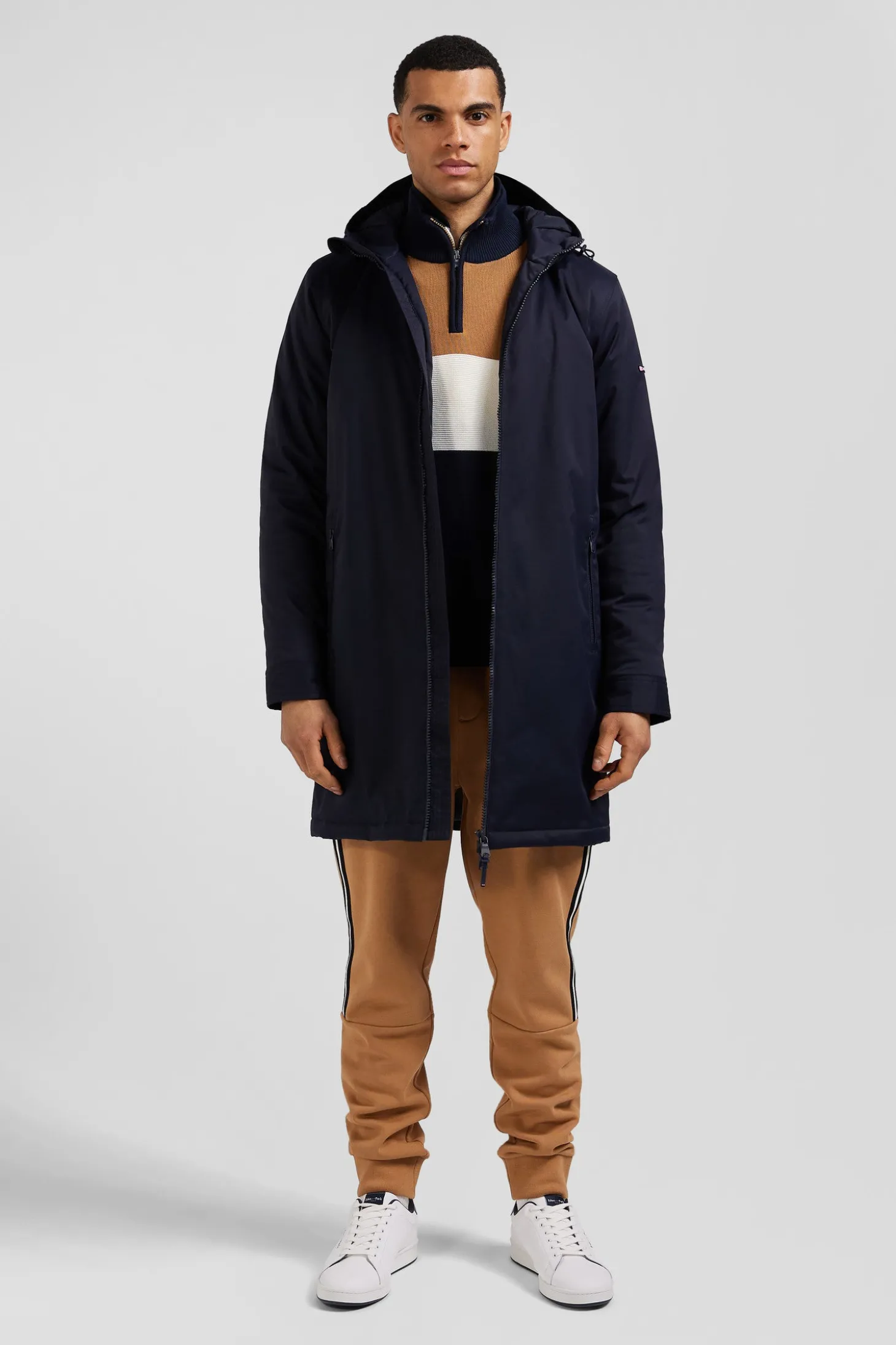 Navy blue long hooded nylon parka