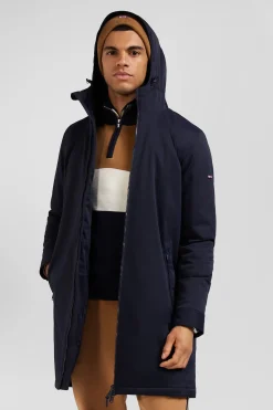 Navy blue long hooded nylon parka