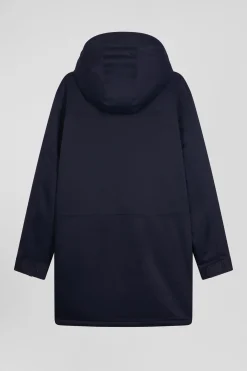 Navy blue long hooded nylon parka