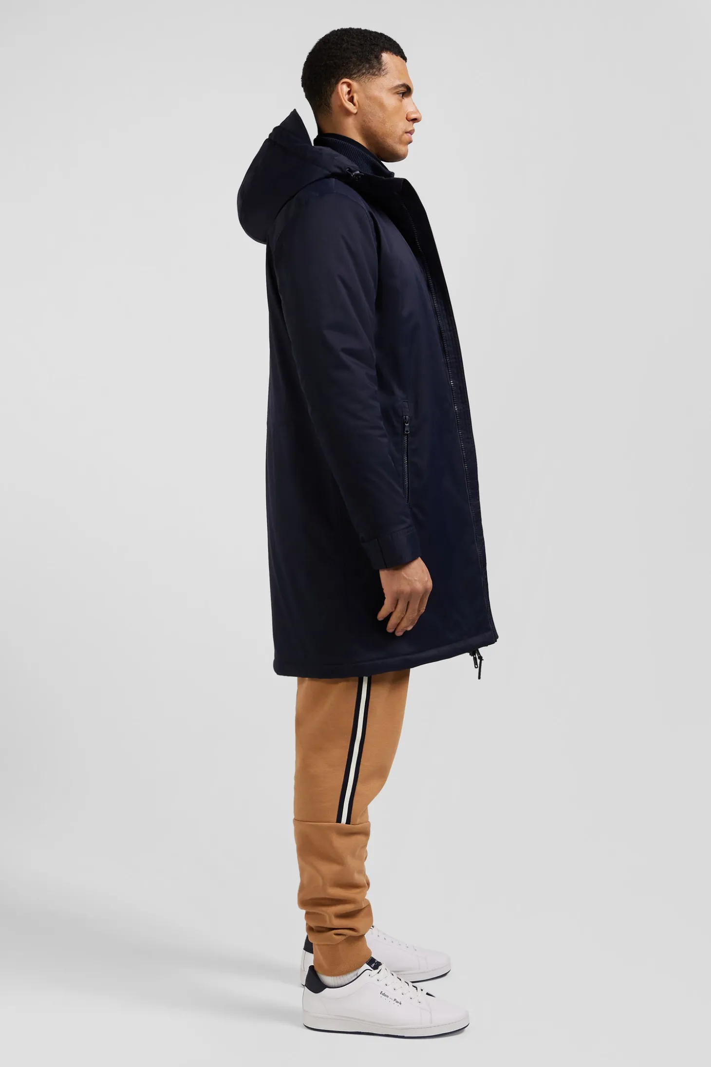 Navy blue long hooded nylon parka