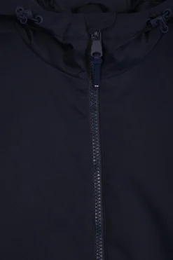 Navy blue long hooded nylon parka