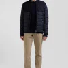 Navy blue long-sleeved double quilted high collar down jacket