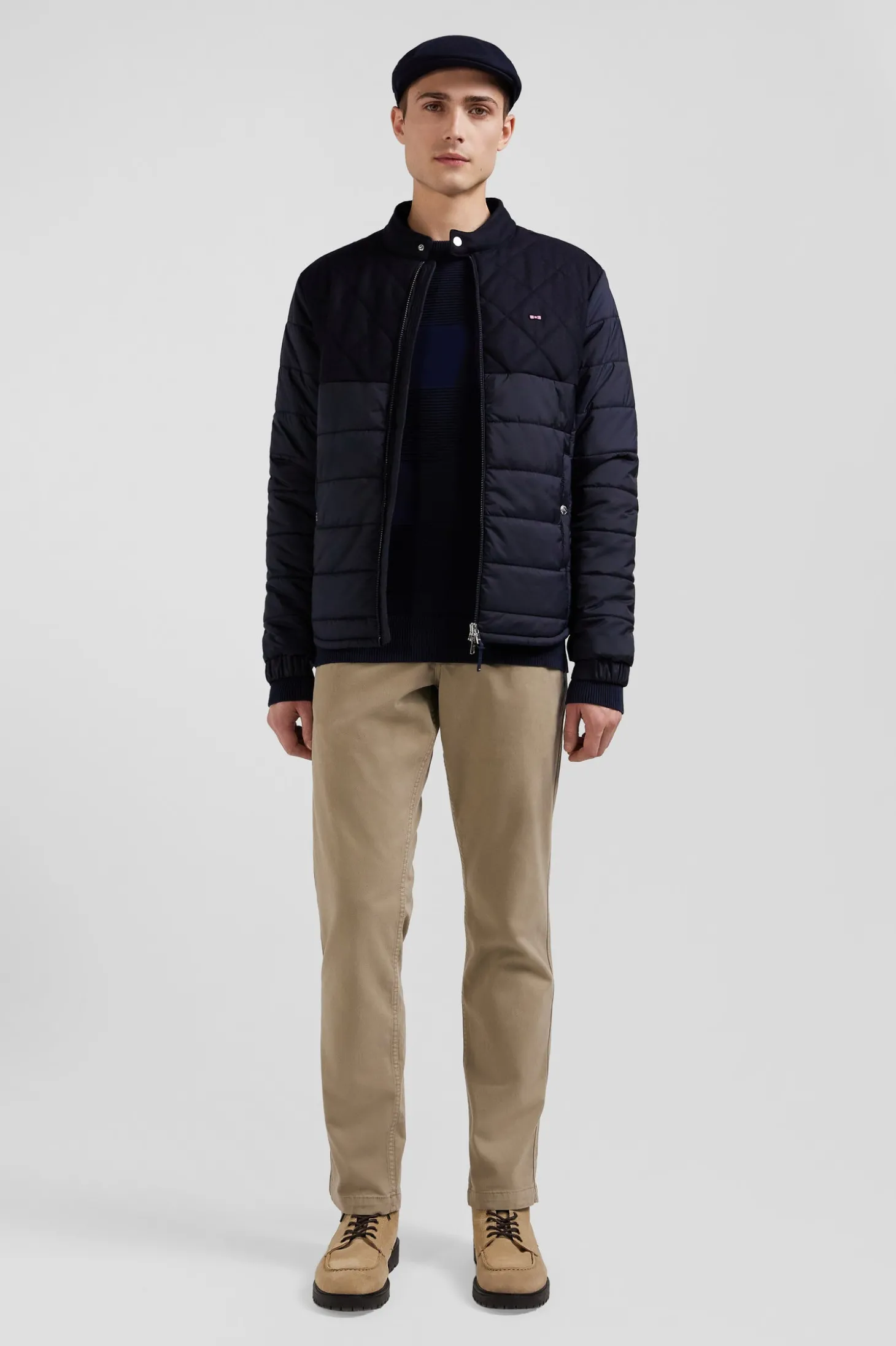 Navy blue long-sleeved double quilted high collar down jacket